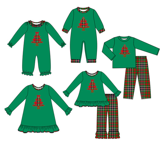 25.7.10 custom each style moq 5 eta 4-6week Sibling Sisters Christmas green baby girl long sleeve pants sets 1 and sets 2 and romper 1 and romper 2 and dress match family design