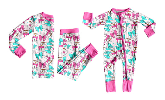 25.6.19 custom each style moq 5eta 4-6week Sibling Sisters snowman bow baby girl long sleeve pants sets and rompers match family design
