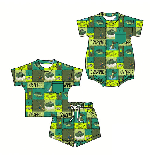 2.28 Custom moq 5 mix size Sibling Baby Boys plaid Green Romper Short-Sleeved Top And Shorts Set