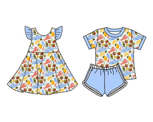 25.11.11 custom each style moq 5 eta 6-8week Sibling Sister lobster baby girl short sleeve shorts sets and dress match design