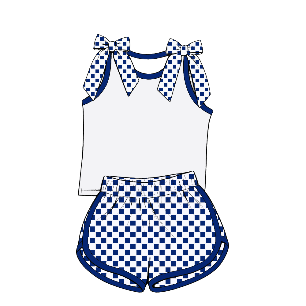 custom moq 5 mix size Baby Girls Blue Bow Sleeveless Top Shorts Summer Casual Clothes Set