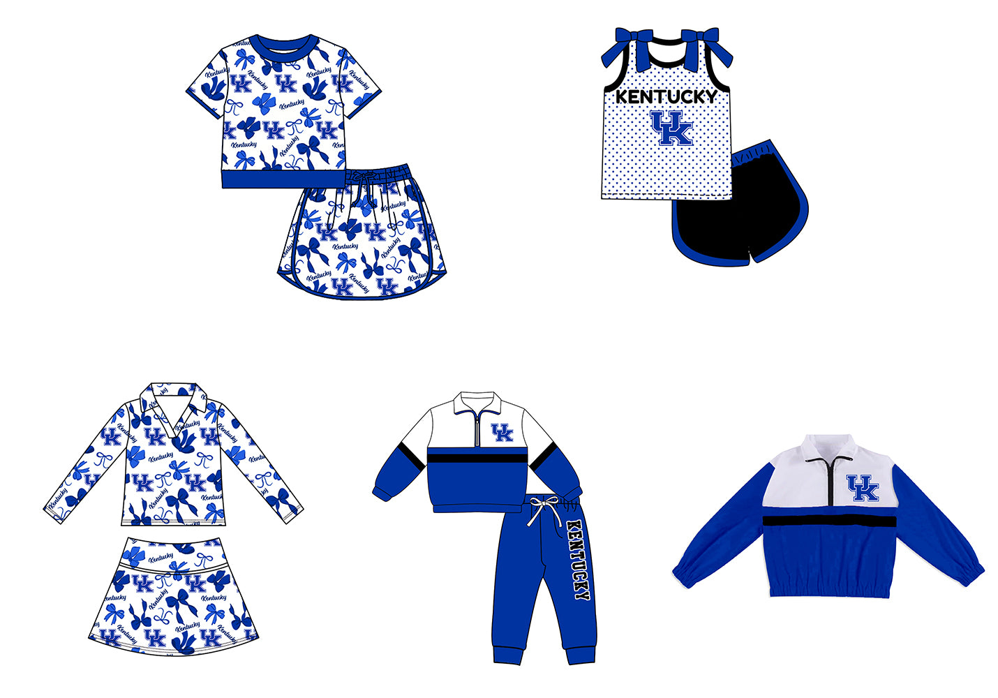 Custom moq 5 mix size summer teams Girls Polka Dot Top Shorts Set Blue Bows Top Skirt Short Set Zipper Pullover Pants Set