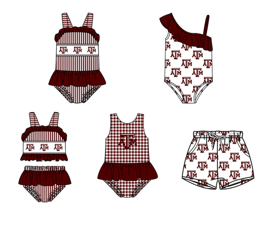 Custom moq 5 mix size milk silk summer teams Baby Girl Dark Red Two-Piece Swimsuit Set One Piece Swimsuits Boys Swim Trunks