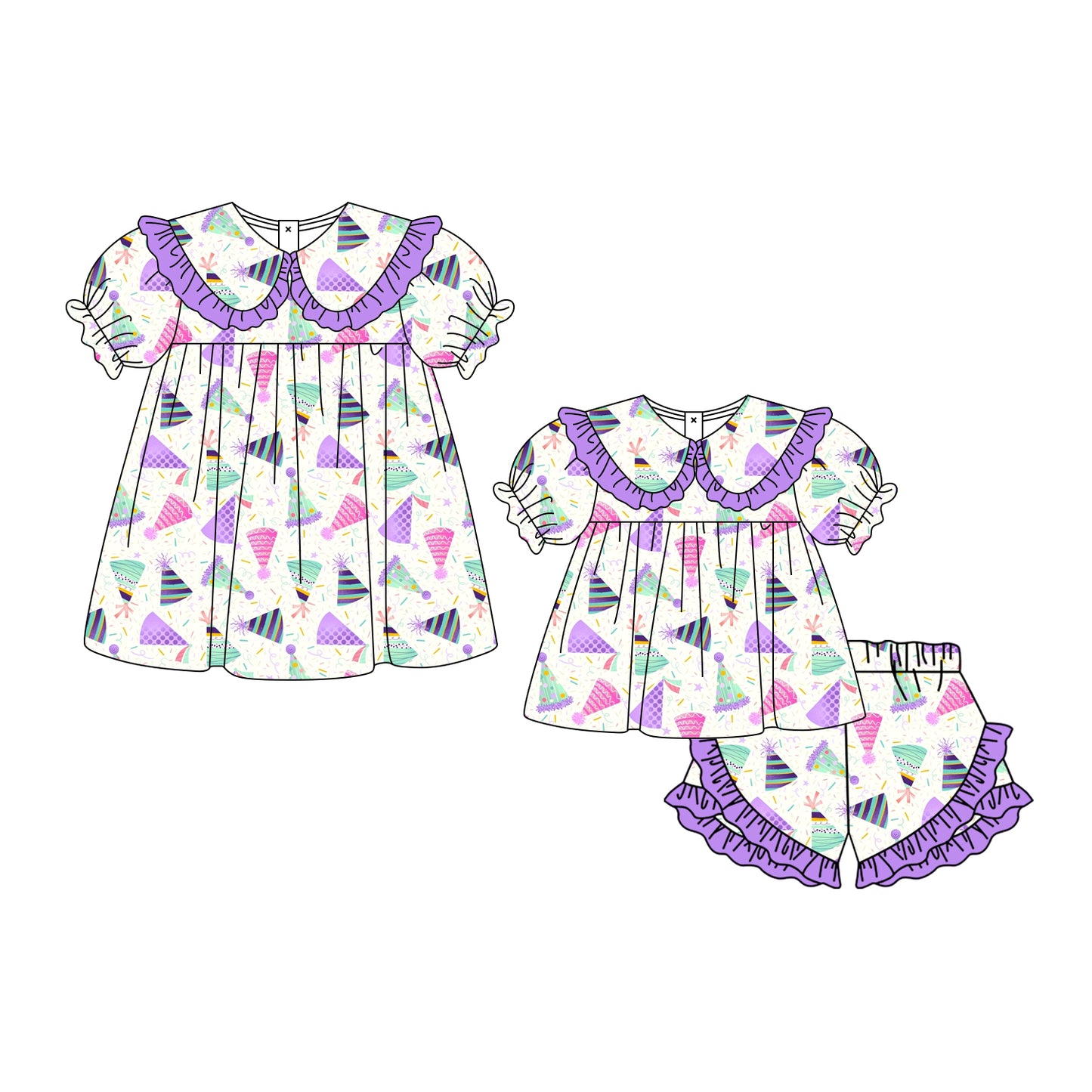 3.5 Custom moq 5 mix size Sibling Baby Girl's Short-Sleeved Top And Purple Ruffle Short Set Cute Dress for Summer