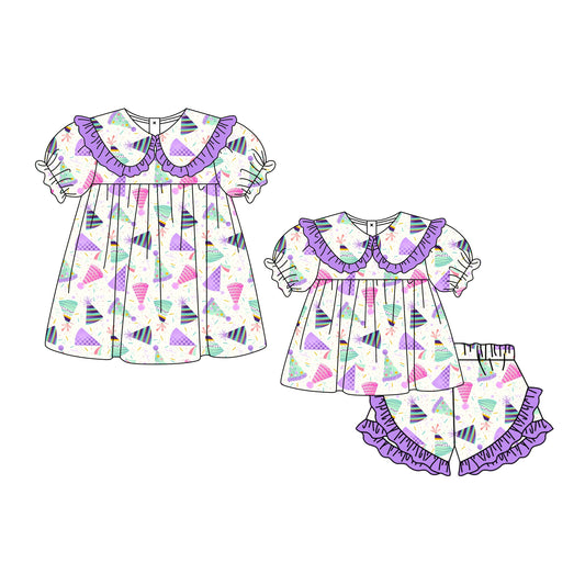 3.5 Custom moq 5 mix size Sibling Baby Girl's Short-Sleeved Top And Purple Ruffle Short Set Cute Dress for Summer