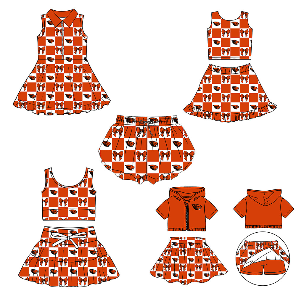 Custom moq 5 mix size Milk Silk Summer Girls' Set Animal Bow Print Plaid Sleeveless Skirt Three-Piece Set including a dress and shorts.