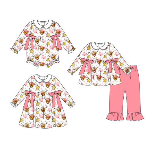 25.9.3 custom each style moq 5eta 4-6week Sibling Sisters bow pink baby girl long sleeve pants sets and dress and rompers match family design
