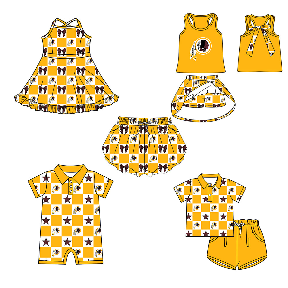 Custom moq 5 mix size milk silk summer teams Yellow Checked Baby Girl Sleeveless Top Skirt Short Set Dress And Shorts Yoga Outfit Boy's Top Shorts Set Romper