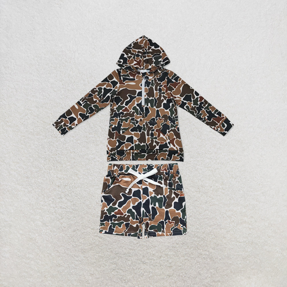 RTS NO MOQ Sibling milk silk Baby Boys Brown Camo Printed Hoodie Top Pocket Short Clothes Set Daily Outfit