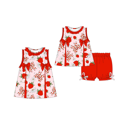 3.21 custom each style moq 5eta 4-6week Sibling Sister bow strabwerry floral baby girl short sleeve shorts sets and dresses match design