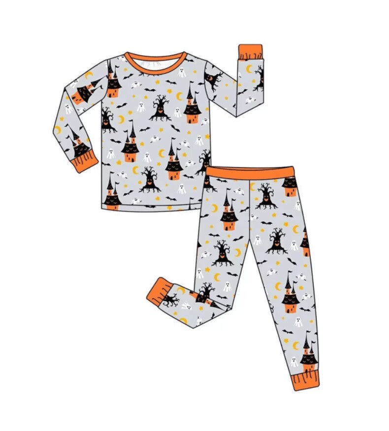 5.9custom each style moq 5eta 4-5week Sibling Sister Halloween Horror Castle prints gray girls and boys outfits and baby rompers match family design