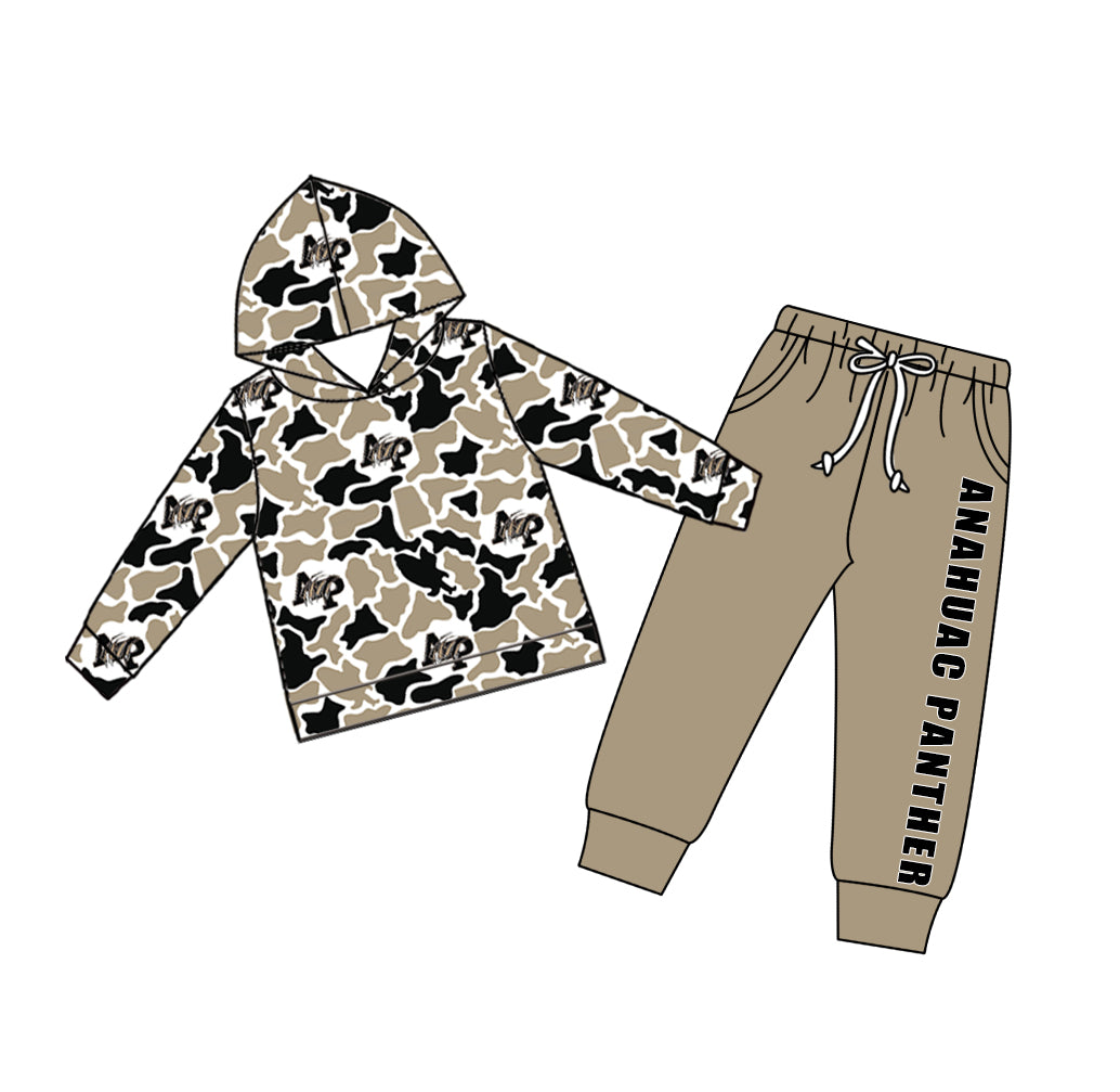 Custom moq 5 mix size teams Baby Boy Camouflage Long Sleeve Hoodie Top Drawstring Pants with Pockets Set