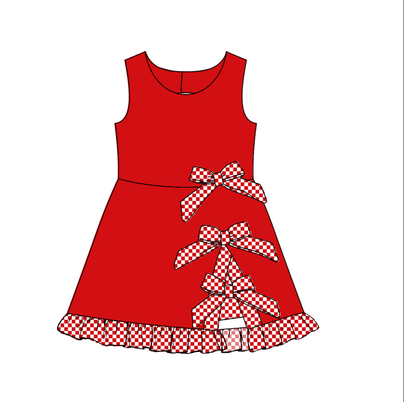 custom moq 5 mix size Baby Girls Sleeveless Checked Bow Yoga Scallop Knee Length Ruffle Dress