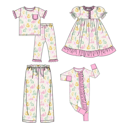 25.9.23 custom each style moq 8 eta 6-8week Sibling Sister easter baby short sleeve pants sets and romper and dress and adult pants match design