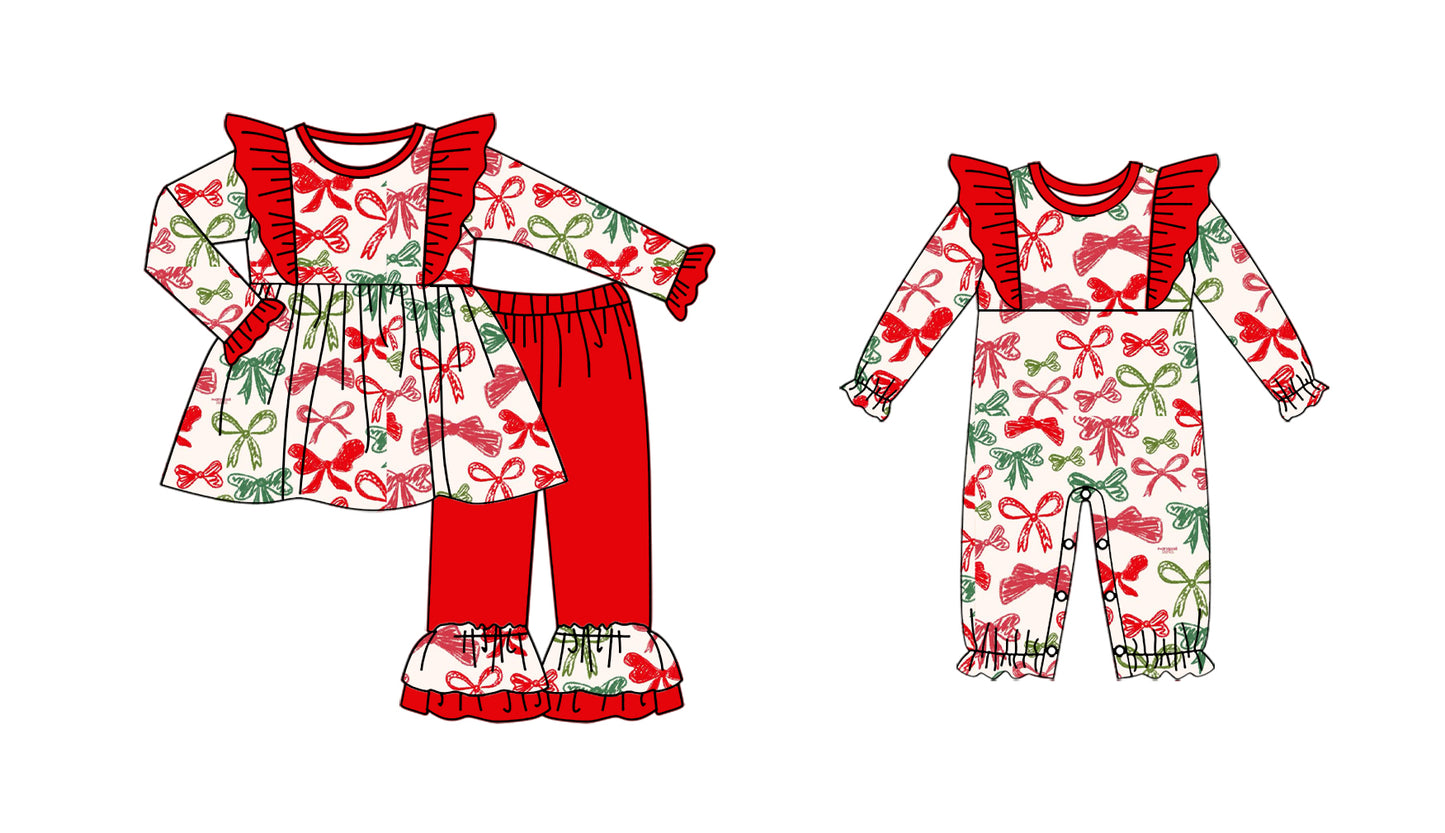 25.6.23 custom each style moq 5eta 4-6week Sibling Sisters Christmas bow baby girl long sleeve pants sets and rompers match family design
