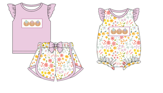25.5.25 custom each style moq 5eta 4-6week Sibling Sisters pumpkin bow floral baby girl short sleeve shorts sets and rompers match family design
