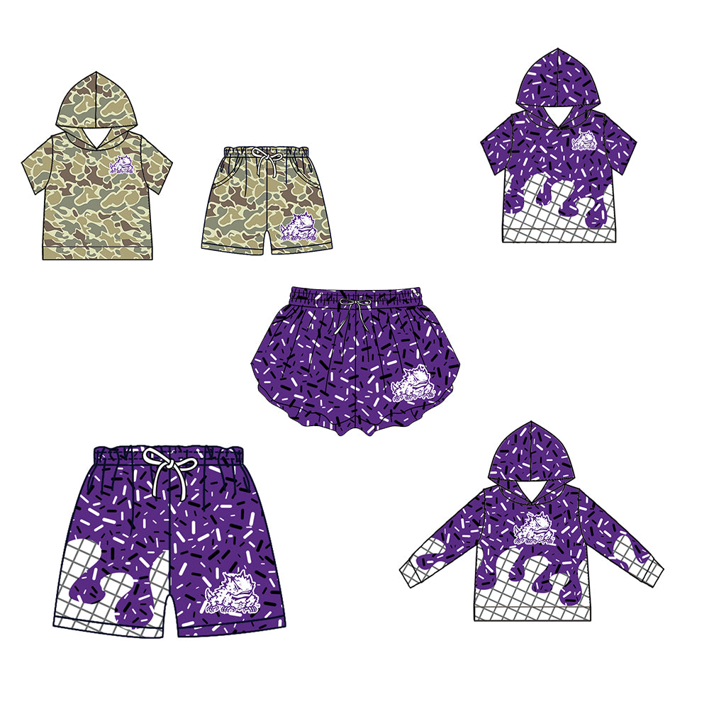 Custom moq 5 mix size milk silk summer teams Camo Hooded Short Sleeve Top Shorts Set Purple Ice Cream Drips Hooded Top with Matching Shorts For Baby