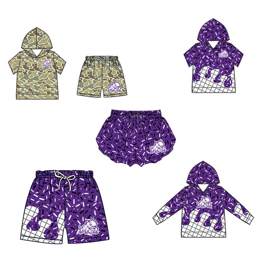 Custom moq 5 mix size milk silk summer teams Camo Hooded Short Sleeve Top Shorts Set Purple Ice Cream Drips Hooded Top with Matching Shorts For Baby
