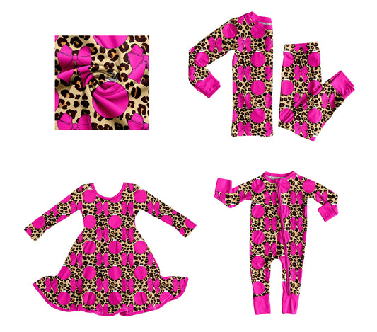 25.8.22 custom each style moq 5eta 4-6week Sibling Sisters bow leopard baby girl long sleeve pants sets and dress and rompers match family design