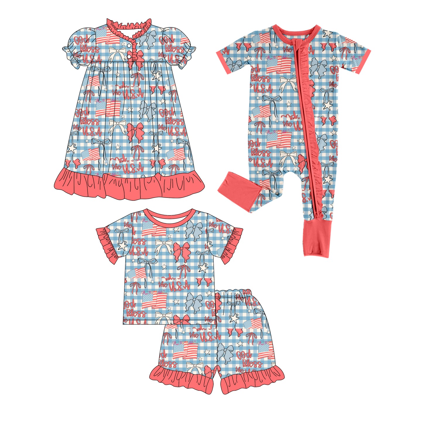 25.12.17 custom each style moq 5 eta 6-8week Sibling Sister flag bow baby short sleeve shorts sets and romper and dress match design