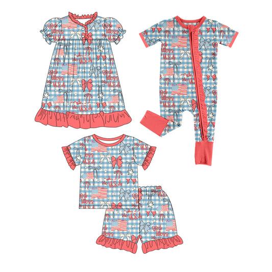 25.12.17 custom each style moq 5 eta 6-8week Sibling Sister flag bow baby short sleeve shorts sets and romper and dress match design
