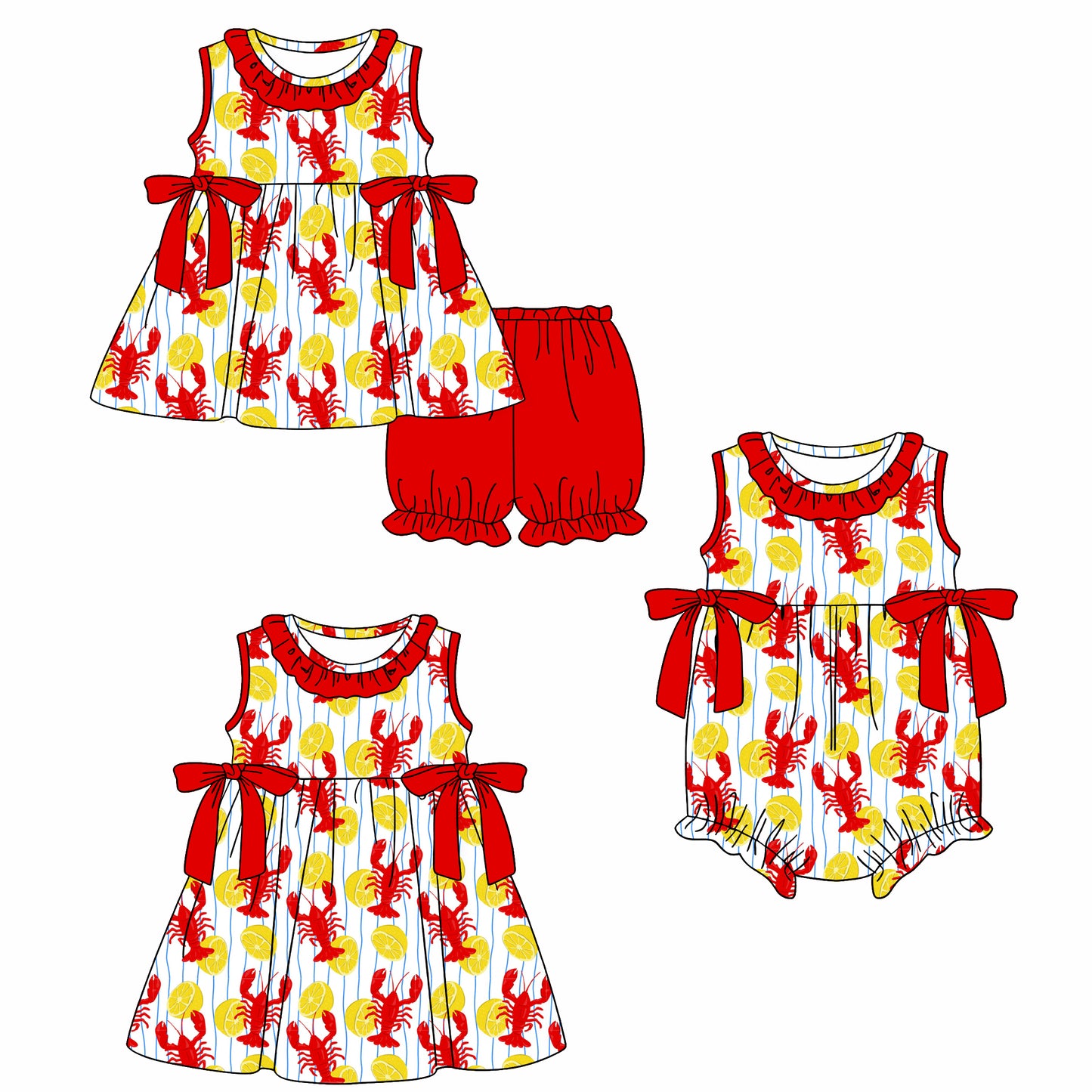 26.1.14 custom each style moq 5 eta 6-8week Sibling Sister lobster baby short sleeve shorts sets and romper and dress match design