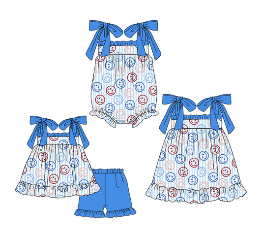 4.21 custom each style moq 5eta 4-6week Sibling Sisters smiley baby girl short sleeve shorts sets and dress and rompers match family design