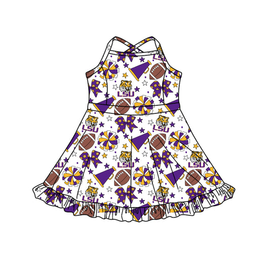 Custom moq 5 mix size milk silk summer teams Baby Girls Strap Purple Bows Knee-Length Yoga Dress Activity Wear