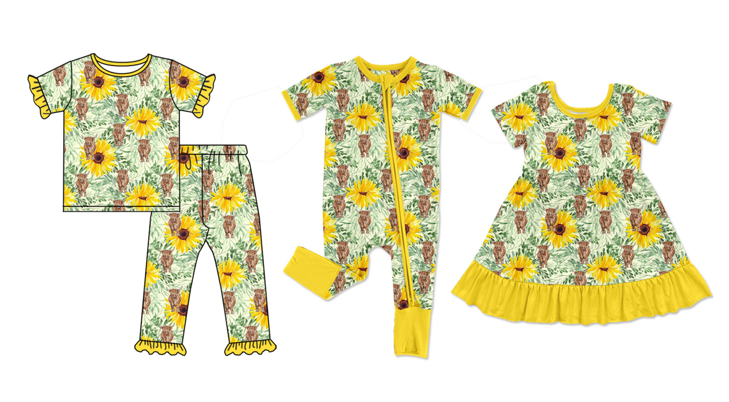 25.11.20 custom each style moq 5 eta 6-8week Sibling Sisters sunflower baby girl short sleeve pants sets and dress and rompers match family design