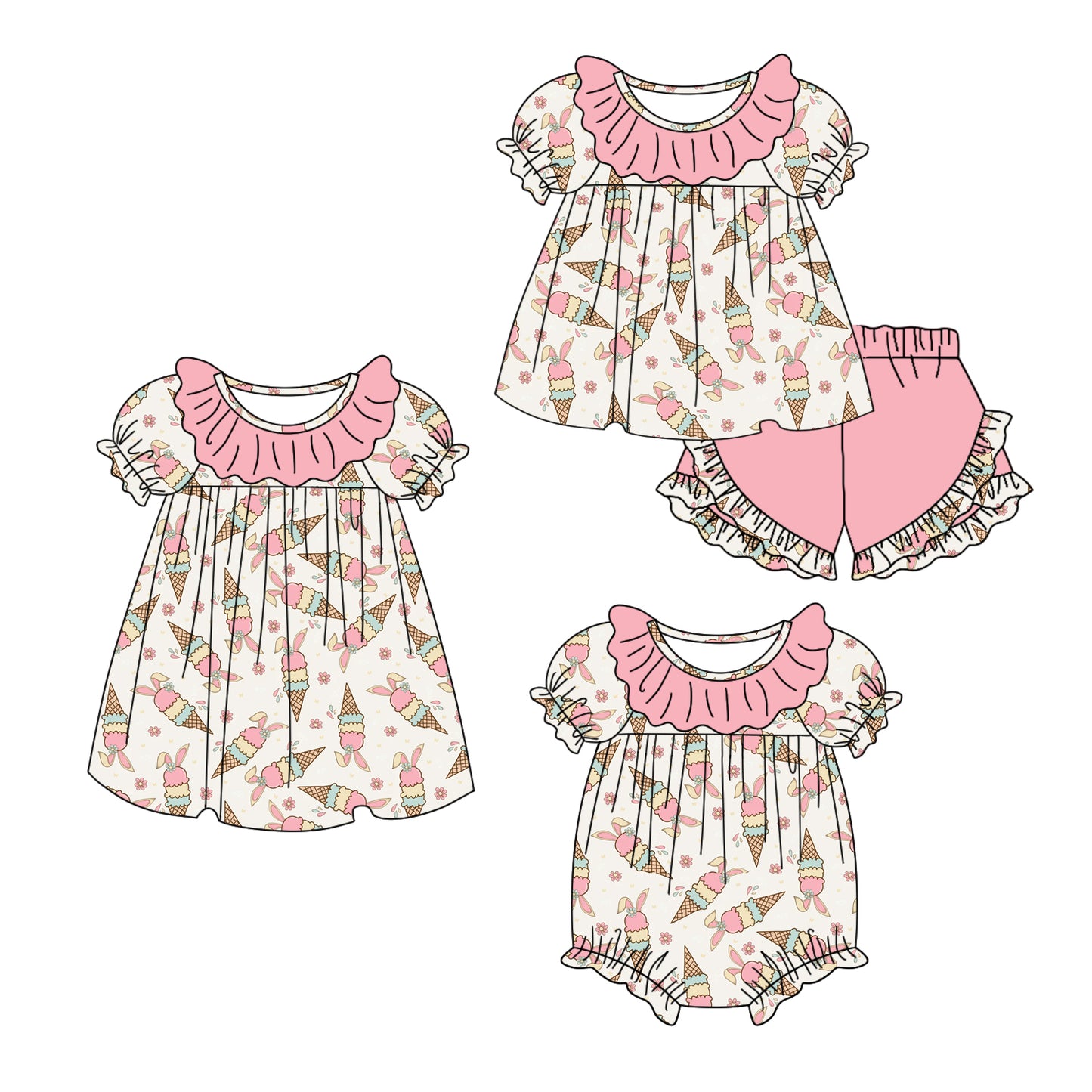 11.6 custom each style moq 5eta 4-6week Sibling Sister easter ice cream pink baby girl short sleeve shorts sets and dress and rompers match family design