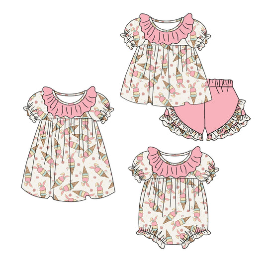 11.6 custom each style moq 5eta 4-6week Sibling Sister easter ice cream pink baby girl short sleeve shorts sets and dress and rompers match family design