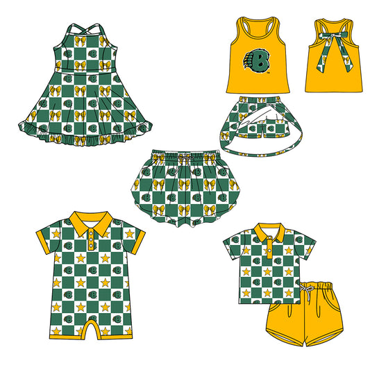 Custom moq 5 mix size milk silk summer teams Green Checked Bows Baby Girl Sleeveless Top Skirt Short Set Dress And Shorts Yoga Outfit Boy's Top Shorts Set Romper