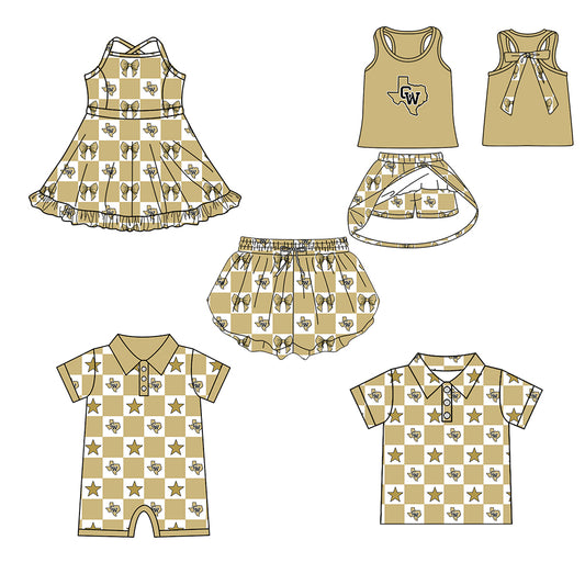 Custom moq 5 mix size milk silk summer teams Baby Girl Light khaki Sleeveless Top Skirts Set Dress And Shorts Yoga Outfit Boy's Short-Sleeved Polo Shirt And Romper