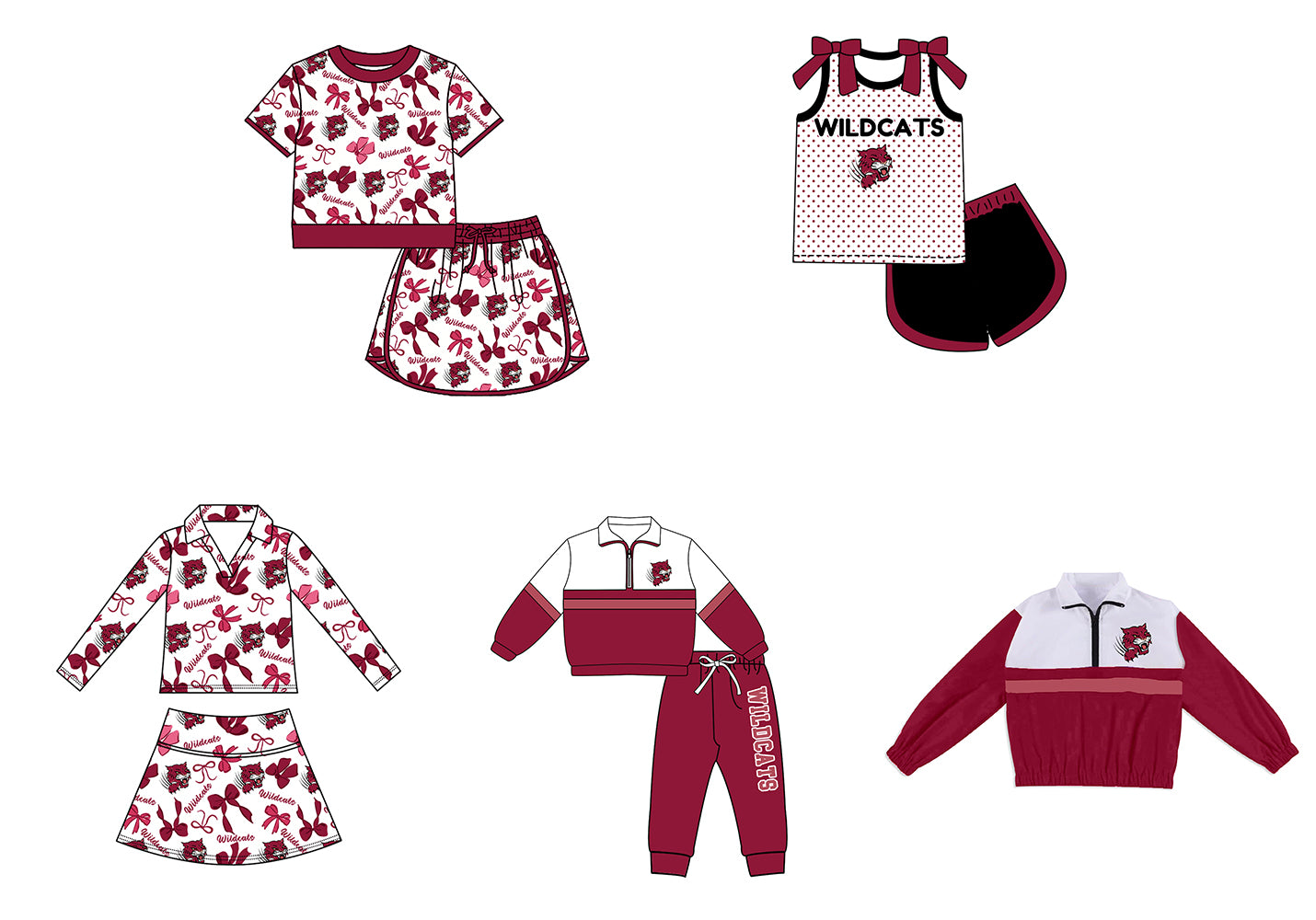 Custom moq 5 mix size milk silk summer teams Girls Dark Red Polka Dot Top Shorts Set Top Skirt Short Set Zipper Pullover Jogger Pants Set