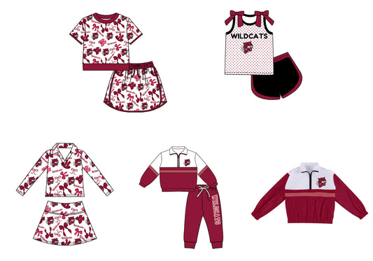 Custom moq 5 mix size milk silk summer teams Girls Dark Red Polka Dot Top Shorts Set Top Skirt Short Set Zipper Pullover Jogger Pants Set