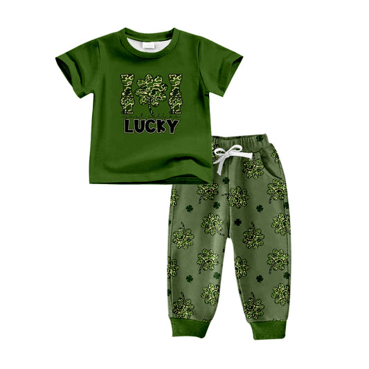 10.16 custom each style moq 5eta 4-6week baby boys clothes lucky green short sleeve pants sets