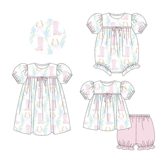 25.5.24 custom each style moq 5eta 4-6week Sibling Sisters boots floral baby girl short sleeve shorts sets and dress and rompers match family design