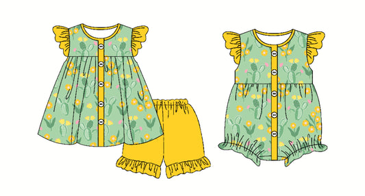 3.1 custom each style moq 5eta 4-6week Sibling Sister lemon baby girl short sleeve shorts sets and romper match design