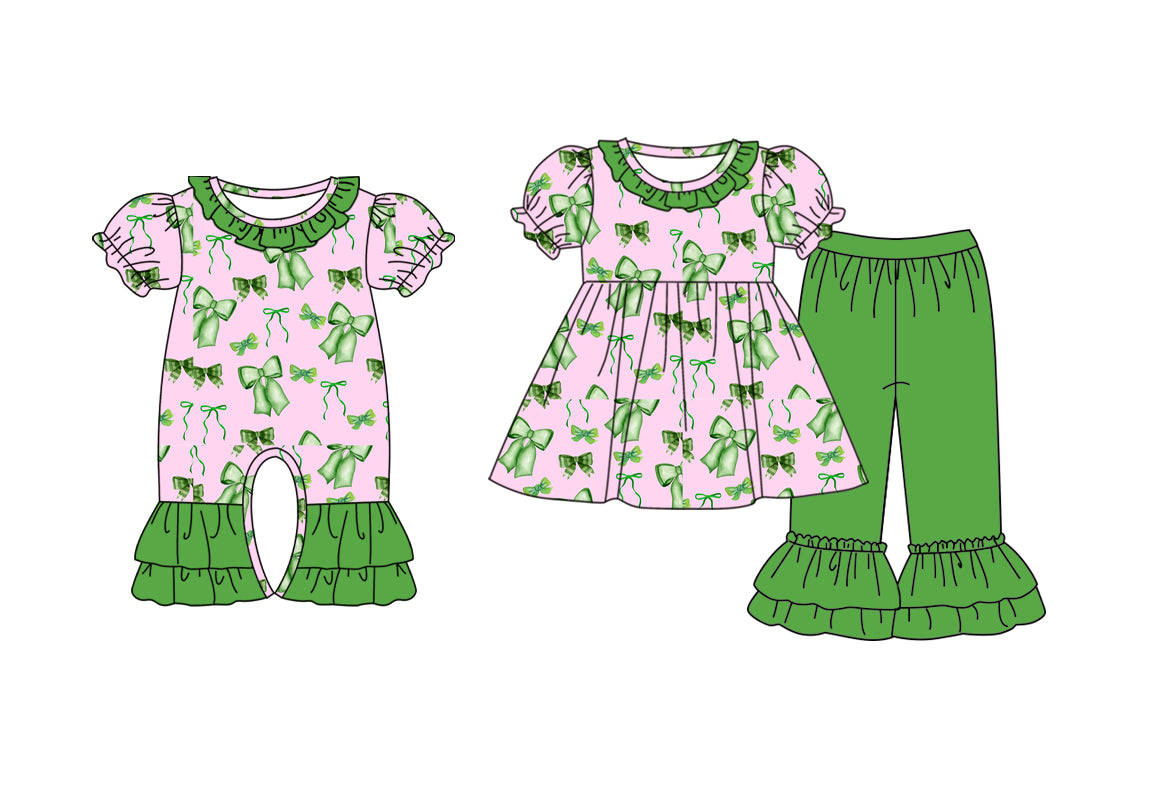 25.9.13 custom each style moq 5eta 6-8week Sibling Sisters bow green baby girl clothes short sleeve pants sets and romper match family design