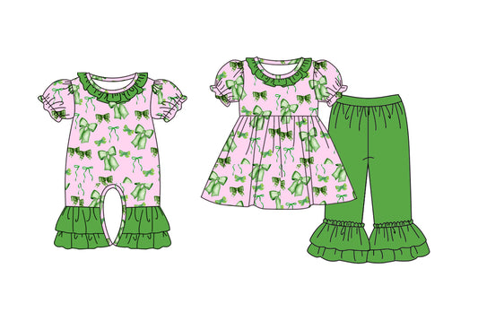 25.9.13 custom each style moq 5eta 6-8week Sibling Sisters bow green baby girl clothes short sleeve pants sets and romper match family design