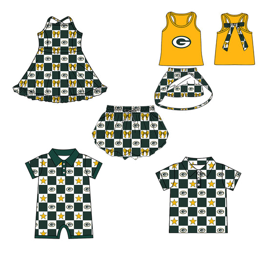 Custom moq 5 mix size milk silk summer teams Baby Girl Sleeveless Top Skirts Set Dress And Shorts Yoga Green Checked Outfit Boy's Checked Short-Sleeved Polo Shirt And Romper