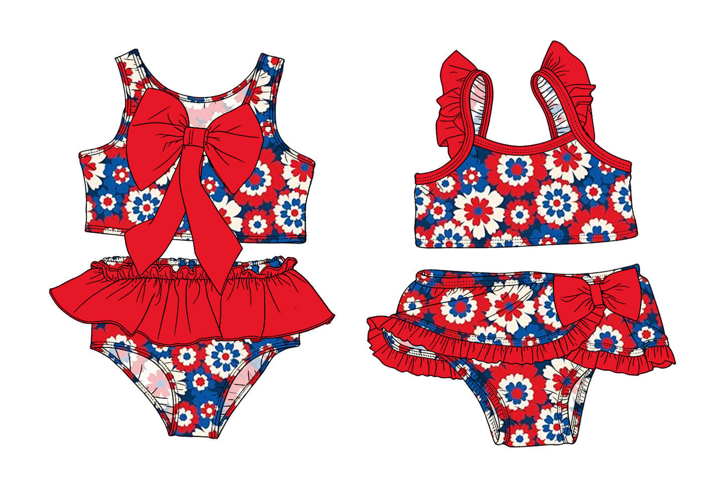 3.14 Custom moq 5 mix size Sibling Baby Girls Red  Sleeveless Top With Bow Bummies Two-Piece Set Infant Swimwear