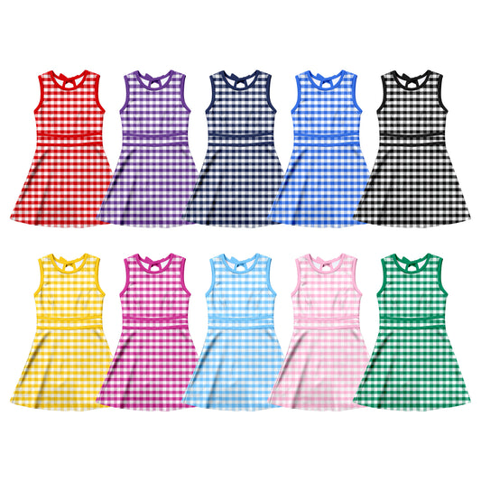 4.3 Custom moq 5 mix size Sibling Baby Girl's Checked Sleeveless Yoga Active Short Knee Length Dress