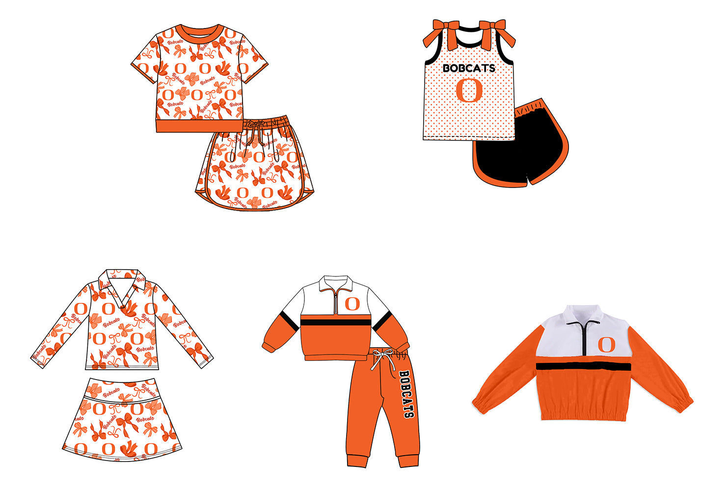 Custom moq 5 mix size summer teams Girls Orange Polka Dot Top Shorts Set Bows Print Top Skirt Set Zipper Pullover Pants Set