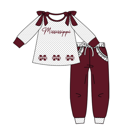 Custom moq 5 mix size milk silk summer teams baby girl clothes dark red long sleeve pants sets-25.10.14
