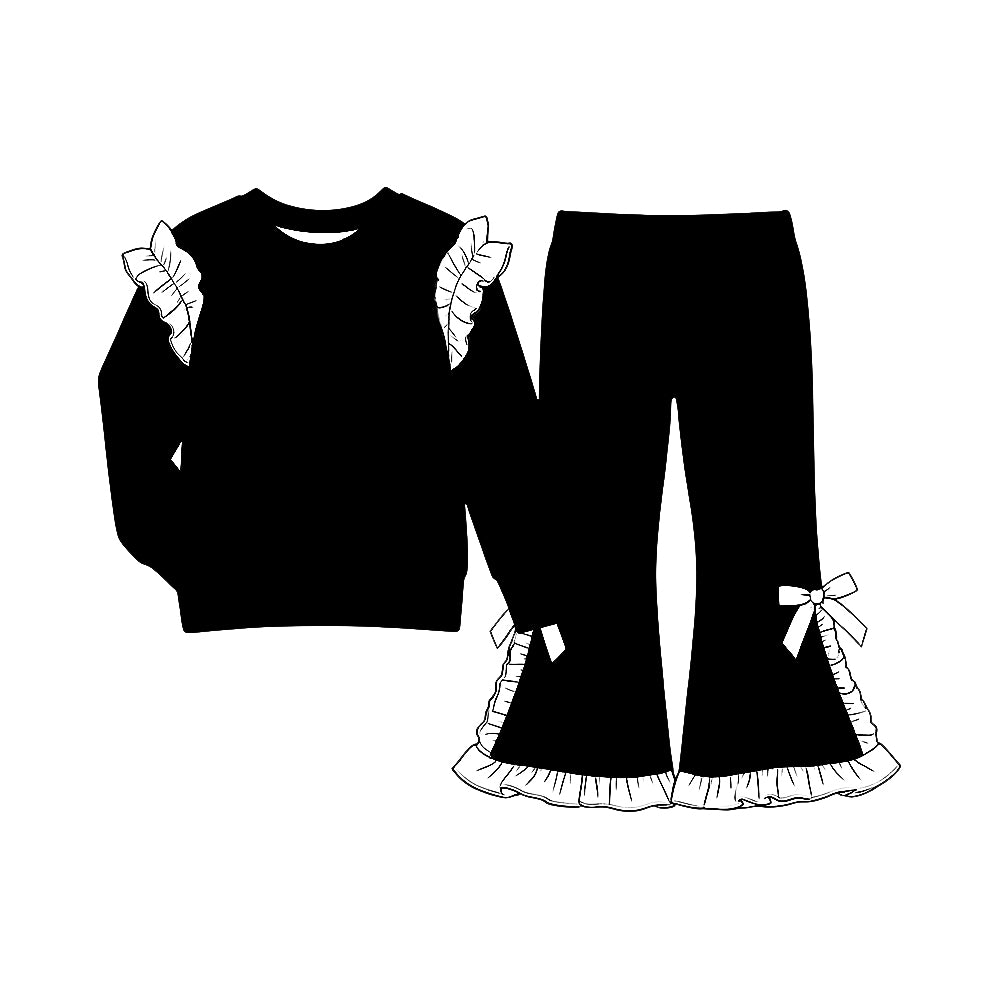 custom moq 5 mix size Baby Girls Black and White Solid Ruffle Shoulder Sweatshirt And Ruffle Hem Bow Flare Pant Set