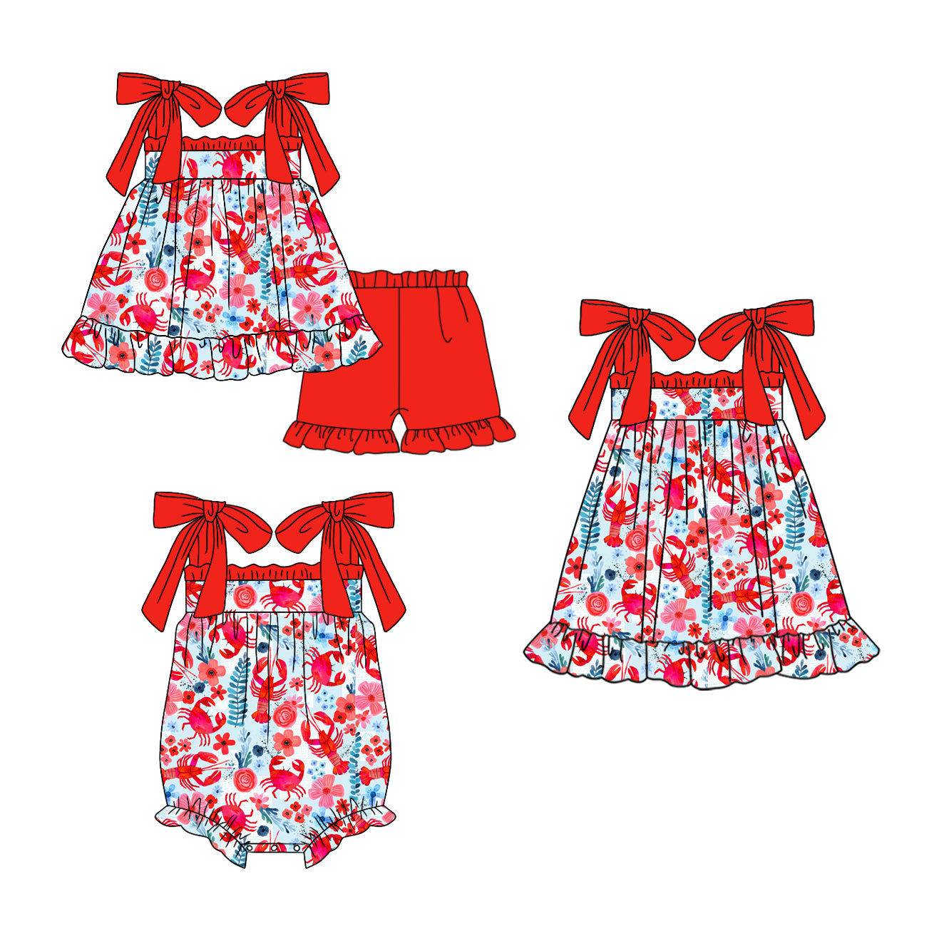11.27 custom each style moq 5eta 4-6week Sibling Sister crab baby girl short sleeve shorts sets and dress and rompers match family design
