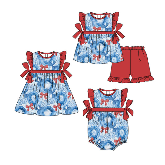 11.23 custom each style moq 5eta 4-6week Sibling Sister bow USA baby girl short sleeve shorts sets and dress and rompers match family design