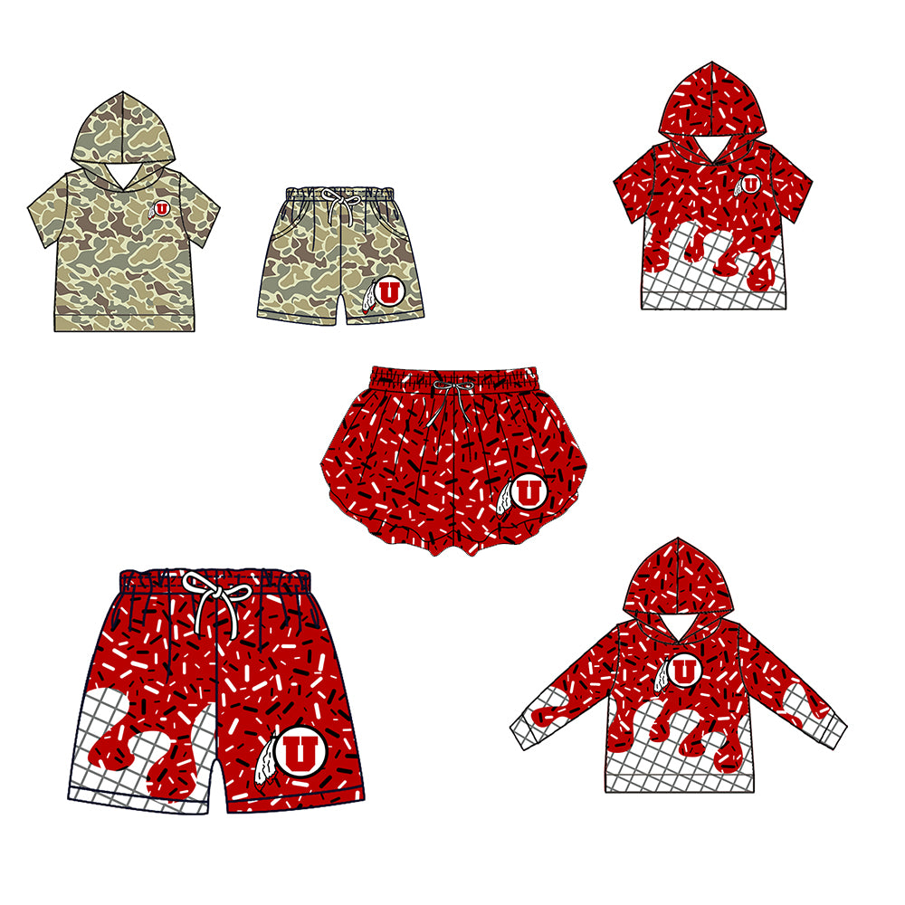 Custom moq 5 mix size milk silk summer teams Camo Hooded Short Sleeve Top Shorts Set Ice Cream Drips Red Hooded Top with Matching Shorts For Kids