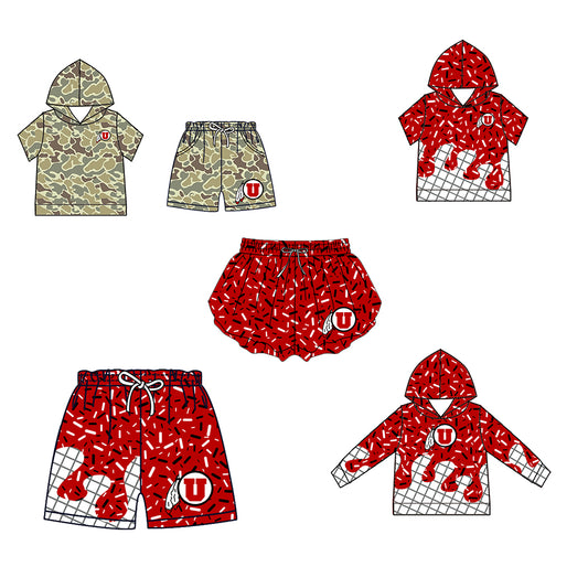 Custom moq 5 mix size milk silk summer teams Camo Hooded Short Sleeve Top Shorts Set Ice Cream Drips Red Hooded Top with Matching Shorts For Kids
